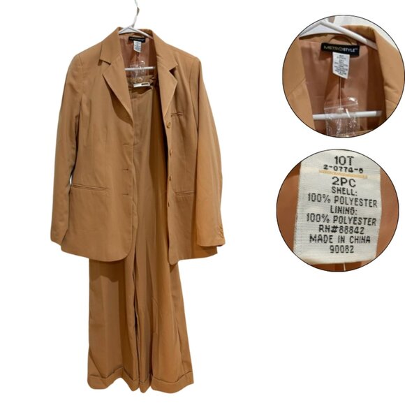 Metro Style Tan Pantsuit Set Blazer & Trousers 10T w/ Spare Button - Picture 1 of 8